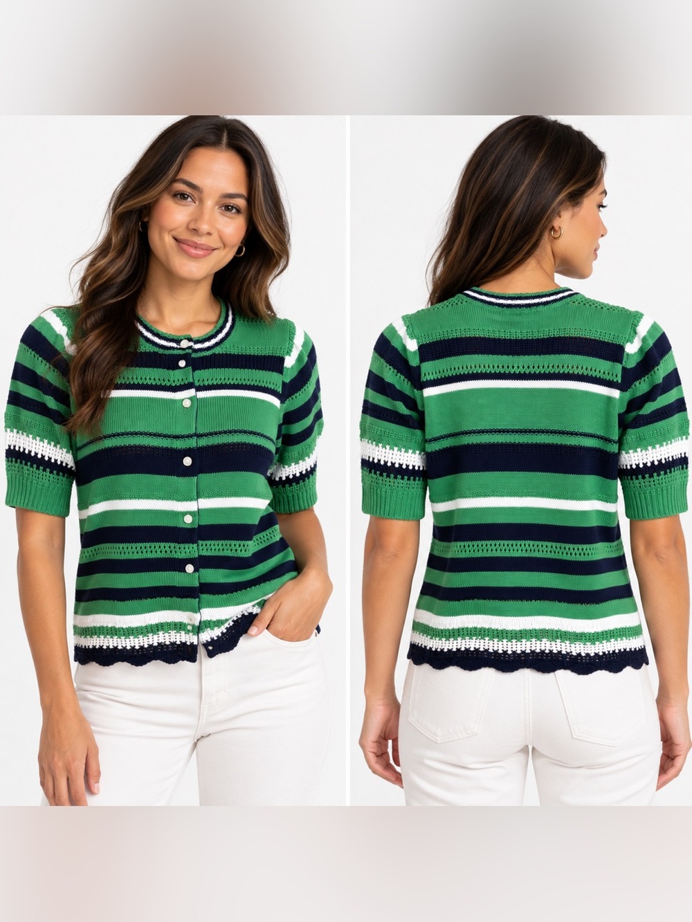 Free Assembly Women’s XS Green Navy White Striped Knit Cardigan Short Sleeve